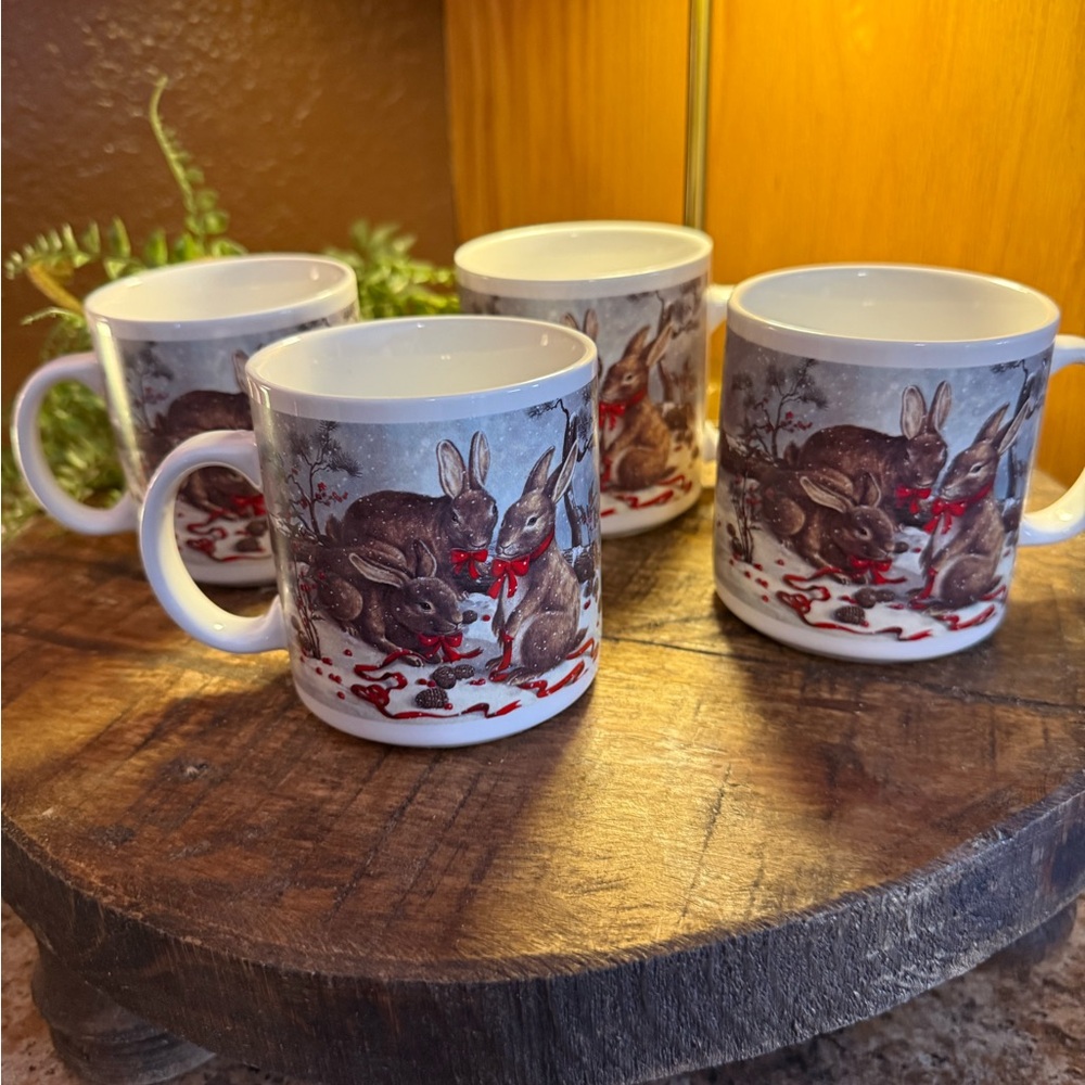 Set Of 4 Beautiful Vintage Taiwan Winter Rabbits Snow Bunnies Coffee Mugs
